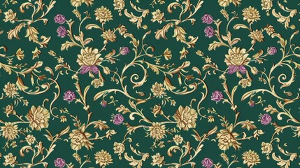 Elegant Vintage Floral Pattern on Dark Green Background