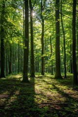 Obraz premium Tranquil Forest Scene with Sunlight Filtering Through Mature Trees 