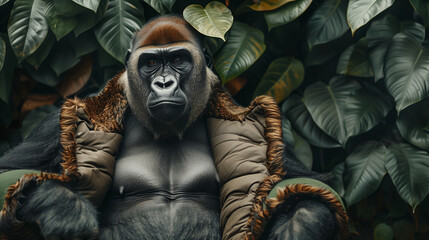 Creative animal concept. Gorilla in luxury lush coat outfits isolated on natural floral wildlife foliage leafy green forest nature habitat background. advertisement, copy text space 
