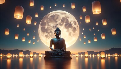 Vesak day, buddha purnima background with a serene buddha statue under a large, luminous full moon