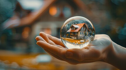 Hand holding glass crystal ball with house inside and green vegetation