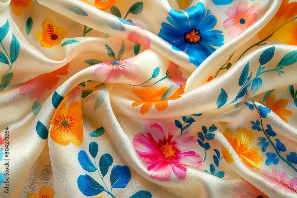 Poster detailed view of a vibrant silk fabric adorned with intricate floral patterns, showcasing a mix of b