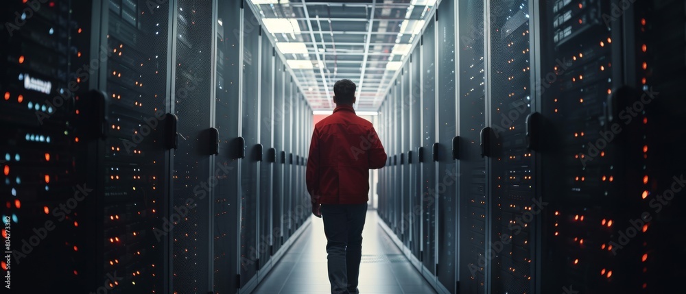 Poster photograph of an it engineer walking through a data center filled with rows of working rack servers.