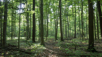 Obraz premium Tranquil Forest Scenery with Sunlight Through Ancient Trees 