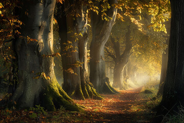 Tranquil Forest Scenery with Sunlight Through Ancient Trees  