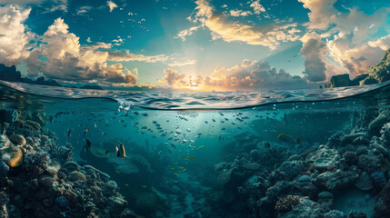 The captivating view from underwater as the setting sun meets the ocean's surface, teeming with vibrant marine life