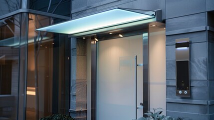 Modern luxury entrance with a frosted glass canopy and a digital door lock