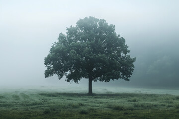 Mysterious Oak Tree in Early Morning Fog  