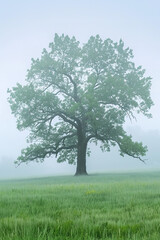Obraz premium Mysterious Oak Tree in Early Morning Fog 
