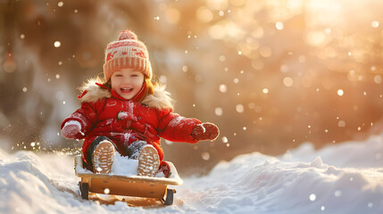 Little girl riding on sled in winter, happy laughing child sledding down the hill at sunny day