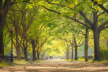 Naklejka premium Urban Springtime: Lush Trees in City Park with People 