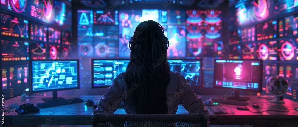 Poster fugitive is being tracked by a government agent with a computer in a large monitoring room with anim