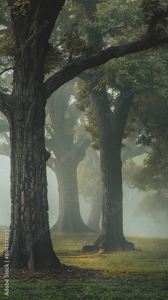 Sticker Ancient Trees with Thick Trunks in Mystic Morning Fog