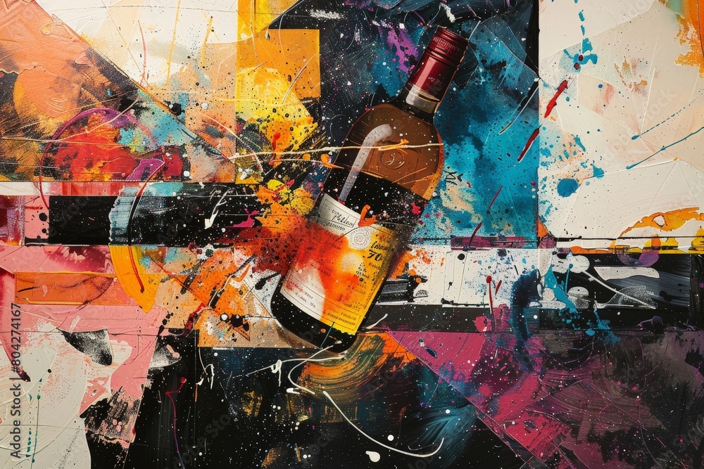 Poster an abstract artwork depicting a bottle of wine in a unique and creative style, with bold colors and 