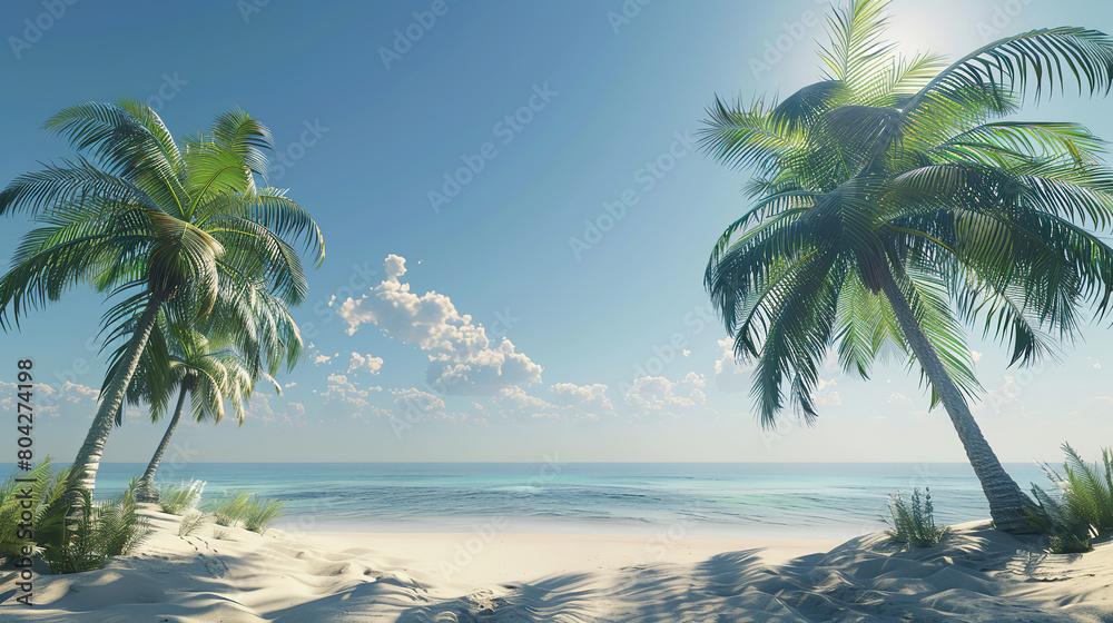 Sticker Tropical Palm Trees on Sunny Beach with Clear Blue Sky