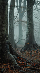 Ancient Trees with Thick Trunks in Mystic Morning Fog