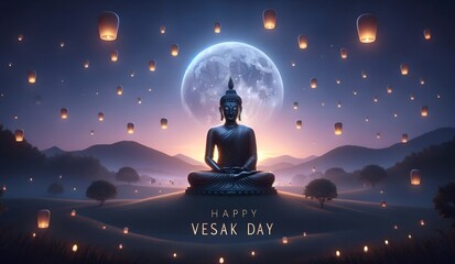 Vesak day background with scene of a serene meditative buddha statue at full moon night.