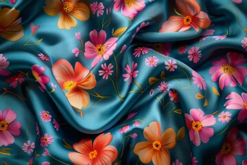 Detailed view of a silk blue fabric with intricate floral patterns in vibrant colors