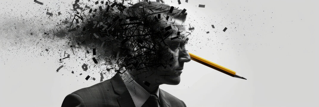 Abstract Concept of Creative Thinking Man with Pencil and Exploding Head