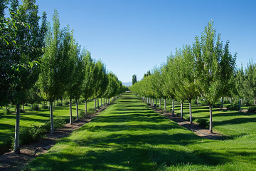 Neat Rows of Blossoming Fruit Trees in Spring Orchard