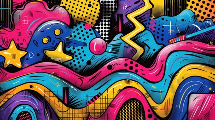 Obraz premium A vibrant graffiti background featuring wavy lines in various bright colors