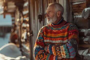 Obraz premium Elderly Man in Patterned Ugly Sweater Standing by Cabin in Snowy Landscape Eclectic Grandpa' Aesthetic,.