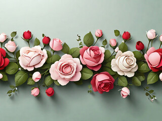 Floral seamless garland with red pink and white rose flowers and green leaves Vector horizontal seamless border