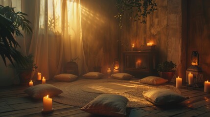 A relaxing, cozy meditation room with cushions, candles and warm lights.
