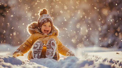 Little girl riding on sled in winter, happy laughing child sledding down the hill at sunny day