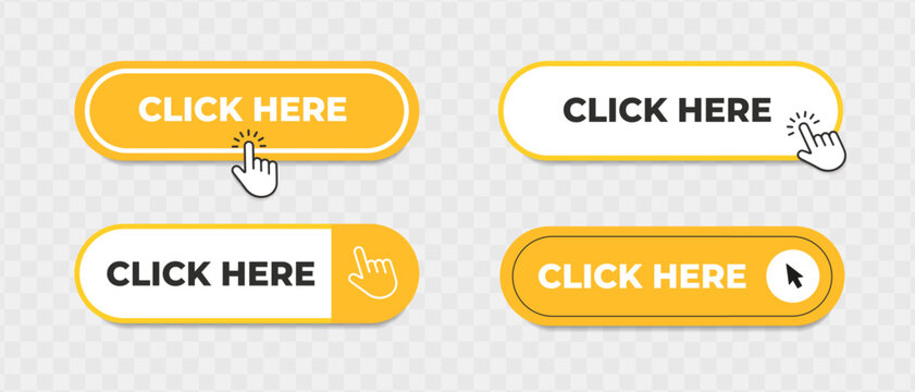 Yellow buttons with clicking hand or arrow pointer set. Click here vector template