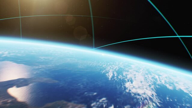 Digital Trails Flying Around the Earth in Space. Transport Lines Growing on Planet Orbit Beautiful 3d Animation. Zoom Out from Highly Detailed Earth to Universe. Technology, Business Concept 4k.