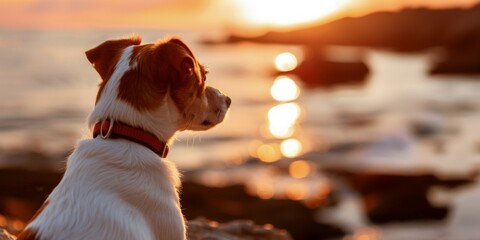 Cute puppy sitting on the beach watching the sunset