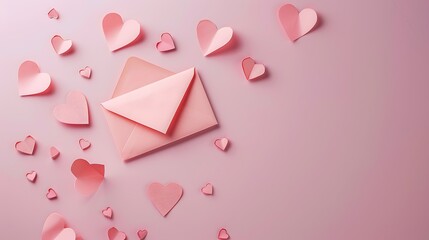An exquisite arrangement of a love letter envelope and dainty paper hearts arranged on a blush pink...