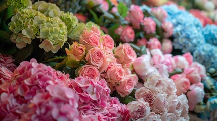 A bouquet of flowers with pink, white, and blue flowers