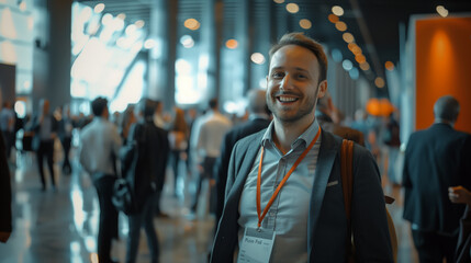 A happy participant of the exhibition in a crowded hall. A man in a suit with a badge and a backpack smiles