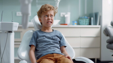 A little scared boy is sitting in the dentist's chair and looks very unhappy. The concept of fear of a pediatric dentist