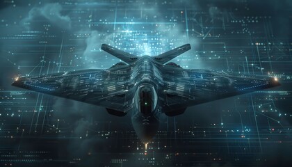 A concept of advanced aviation technology featuring a military aircraft with a digital radar interface.
