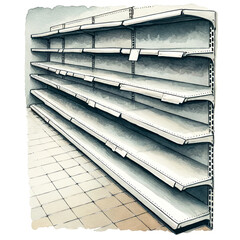 Empty supermarket shelves illustration depicting retail scarcity, suitable for concepts related to economic crisis or emergency preparedness during natural disasters and pandemics