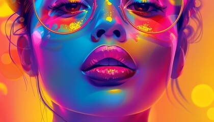 Beautiful woman with creative colorful makeup. Girl with vivid face art. Fashion or cosmetics concept. Illustration for cover, postcard, interior design or print.