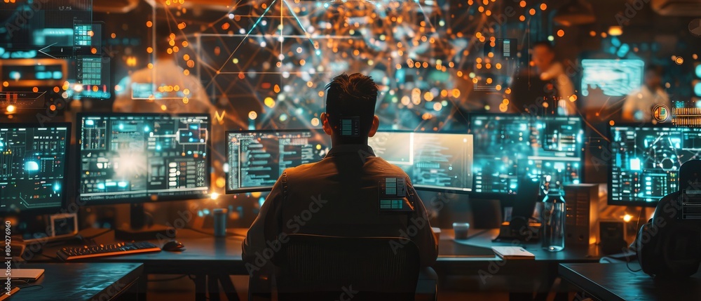 Poster a machine learning and neural network engineer programs at his workstation in an office packed with 