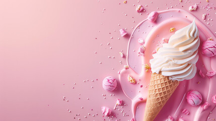 pink ice cream cone banner, 300 Dpi, summer dessert 
