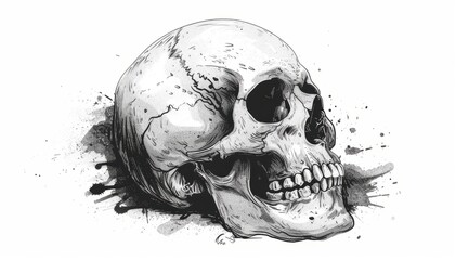 Fototapeta premium A skull is drawn in black and white coloring. Imitation sketch print. Illustration for cover, card, postcard, interior design, banner, poster, brochure or presentation.