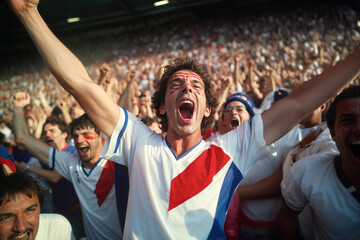 A man with arms raised in celebration at a soccer game, surrounded by a stadium full of fans.