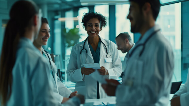 Several doctors communicate with each other and smile and hold documents in their hands. The concept of healthcare and medicine