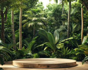 A beautiful round wooden platform is encircled by lush jungle palms, offering a natural stage in a peaceful environment