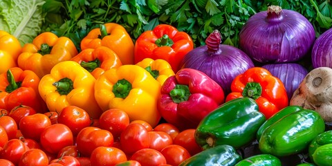 A colorful bounty of fresh, glossy vegetables; peppers, tomatoes, and onions showcase vibrant health.