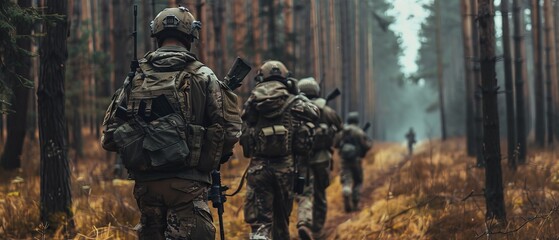 Camouflaged soldiers on a reconnaissance mission with rifles ready move through dense forest. Low angle shot. - obrazy, fototapety, plakaty