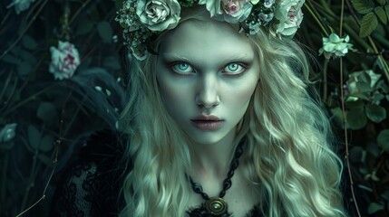 witch with a wreath on her head.