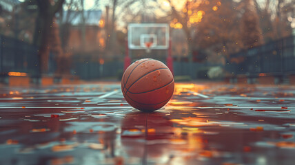 This basketball left on the rain-soaked pavement. Basketball Resting on Wet Ground