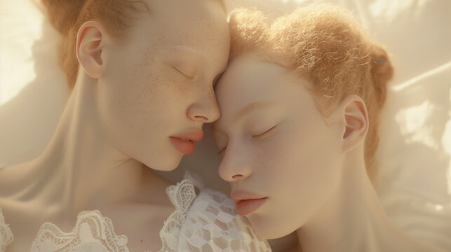 Albinism is a hereditary disease. Two albino women are sleeping on a bed. One woman in a white shirt